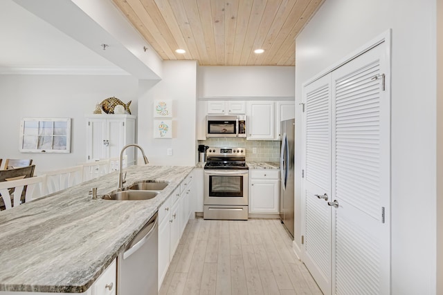 kitchen featuring sink, stainless steel appliances, light stone countertops, white cabinets, and wooden ceiling