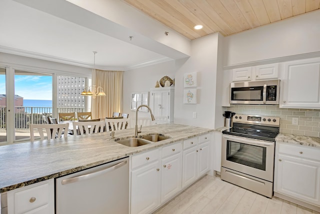 kitchen with sink, white cabinetry, backsplash, stainless steel appliances, and light stone countertops