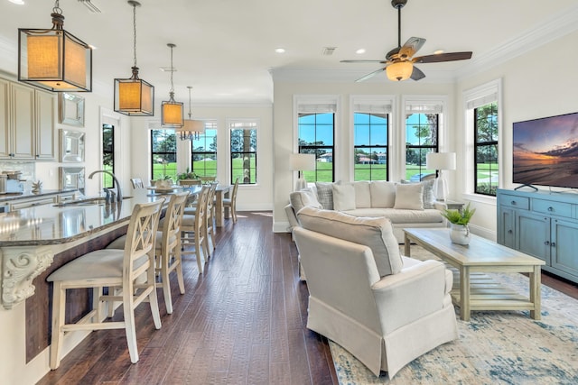 living room featuring ornamental molding, sink, ceiling fan, and dark hardwood / wood-style floors