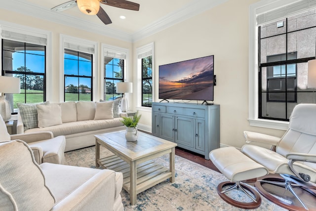 living room with wood-type flooring, ornamental molding, and ceiling fan