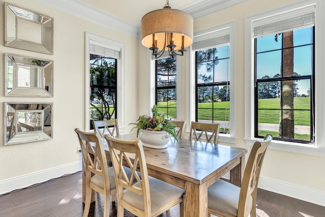 dining room featuring ornamental molding, a notable chandelier, and dark hardwood / wood-style flooring