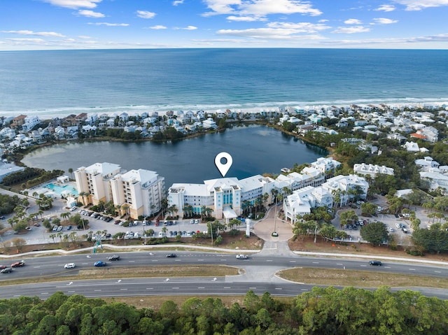 drone / aerial view featuring a water view