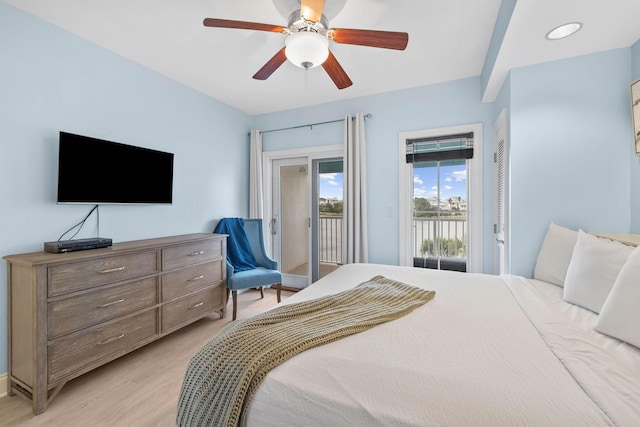 bedroom with access to exterior, ceiling fan, and light hardwood / wood-style floors