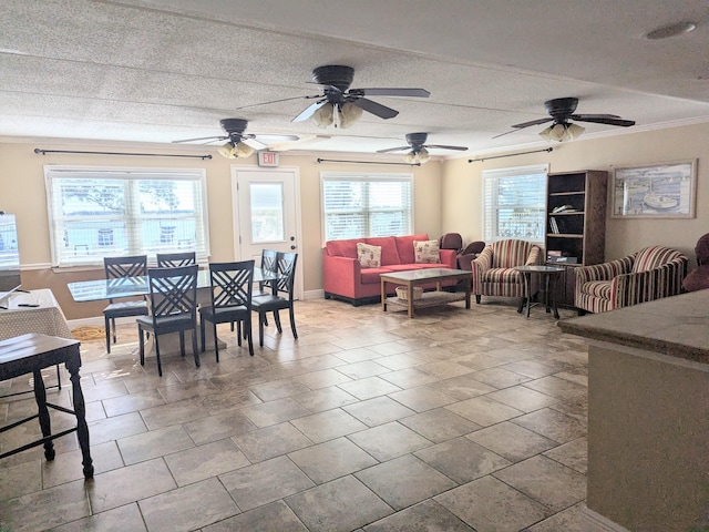 dining room featuring crown molding and a textured ceiling