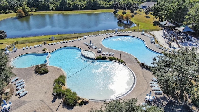 view of pool featuring a water view and a patio area