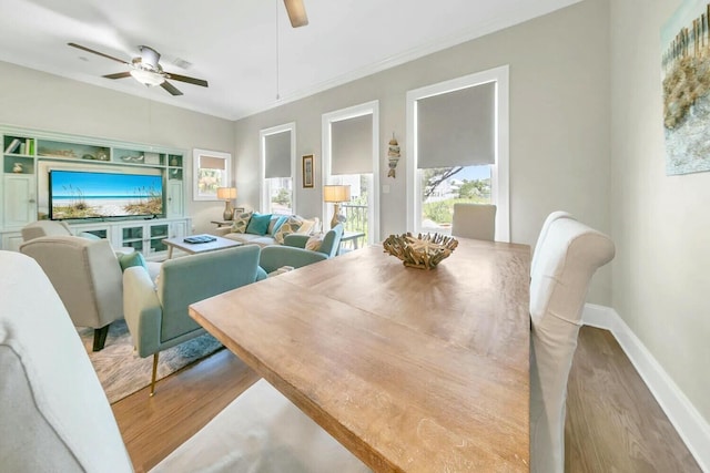 dining room with hardwood / wood-style flooring, ceiling fan, and ornamental molding