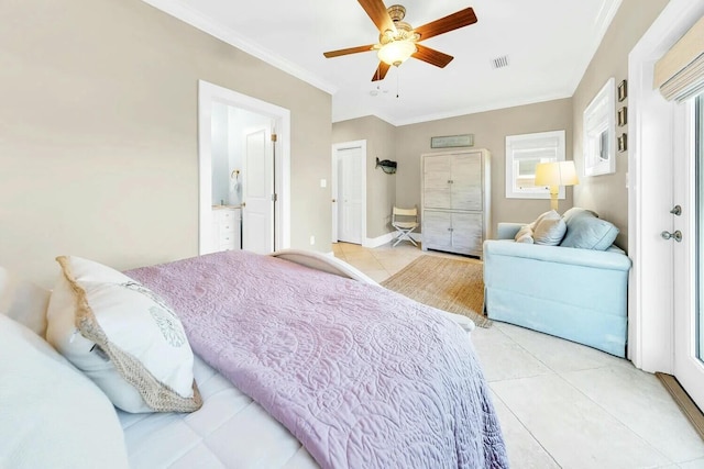 tiled bedroom with crown molding, ensuite bathroom, and ceiling fan