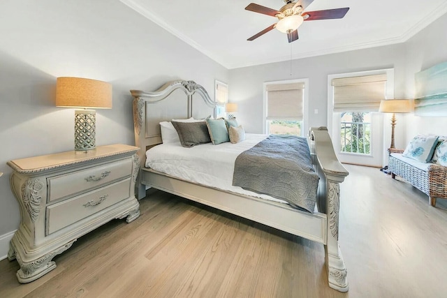 bedroom with crown molding, ceiling fan, and light wood-type flooring