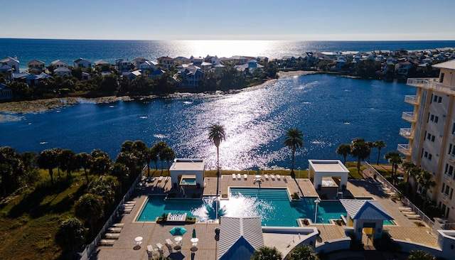 drone / aerial view featuring a water view