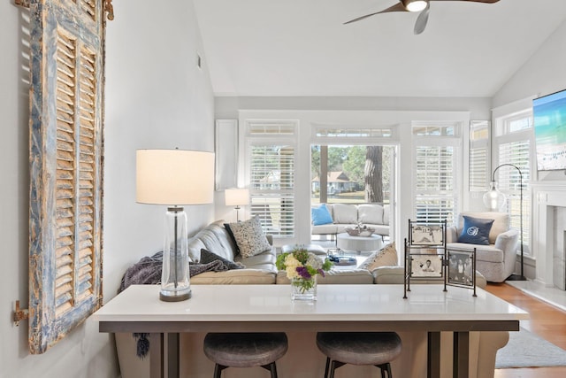 living room featuring lofted ceiling, light hardwood / wood-style floors, and ceiling fan