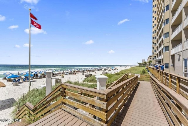 view of water feature with a beach view