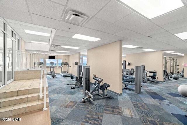 workout area featuring a paneled ceiling and carpet