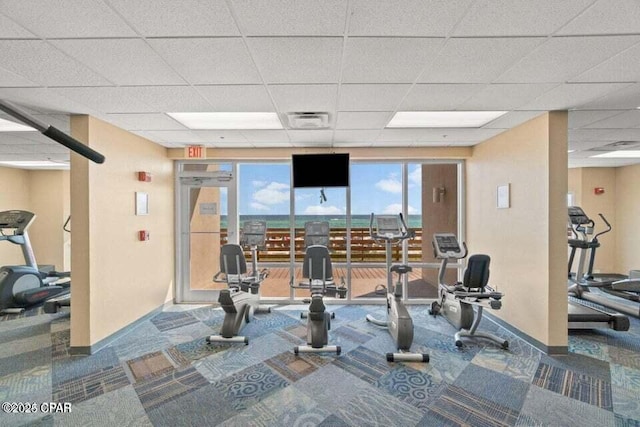 exercise room featuring a drop ceiling and carpet floors