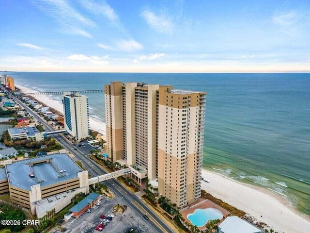 bird's eye view with a water view and a view of the beach