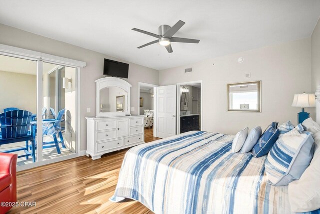 bedroom with ceiling fan, ensuite bathroom, access to exterior, and light hardwood / wood-style flooring