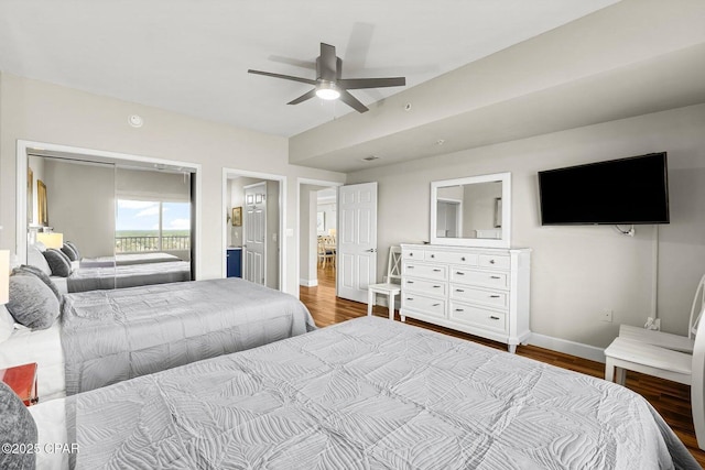 bedroom featuring hardwood / wood-style floors and ceiling fan