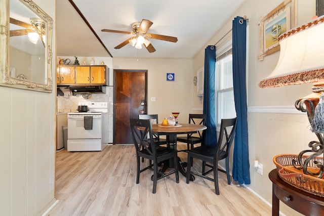 dining room featuring ceiling fan and light hardwood / wood-style flooring