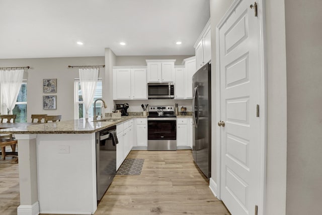 kitchen featuring appliances with stainless steel finishes, sink, white cabinets, kitchen peninsula, and light stone countertops