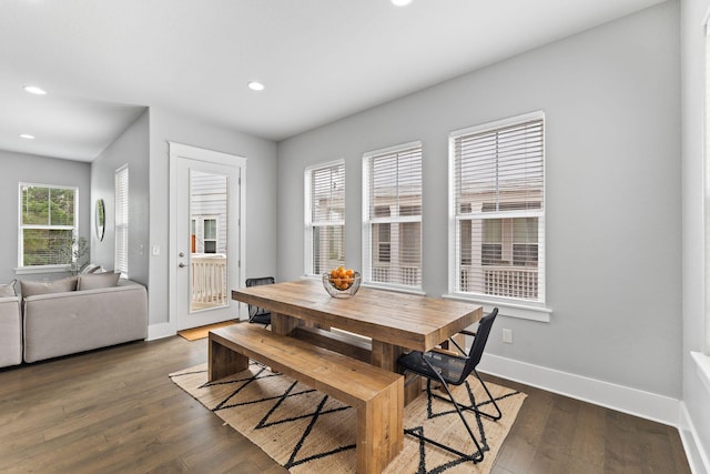 dining space with dark hardwood / wood-style flooring