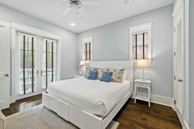 bedroom featuring french doors, ceiling fan, access to exterior, and dark hardwood / wood-style flooring