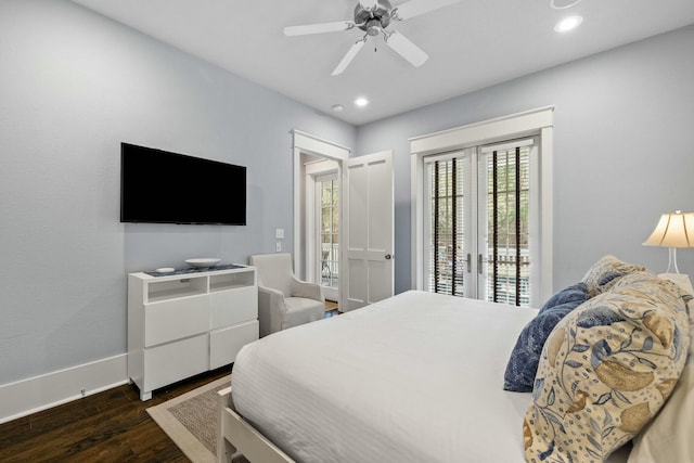 bedroom featuring access to outside, dark hardwood / wood-style floors, and ceiling fan