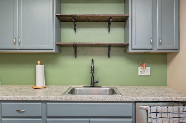 kitchen with gray cabinetry, sink, and stainless steel dishwasher