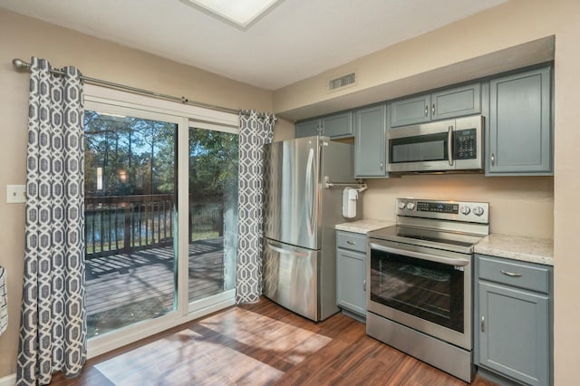 kitchen with dark hardwood / wood-style flooring, gray cabinets, and stainless steel appliances