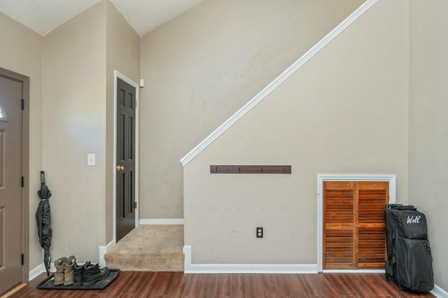 foyer with a towering ceiling and wood-type flooring