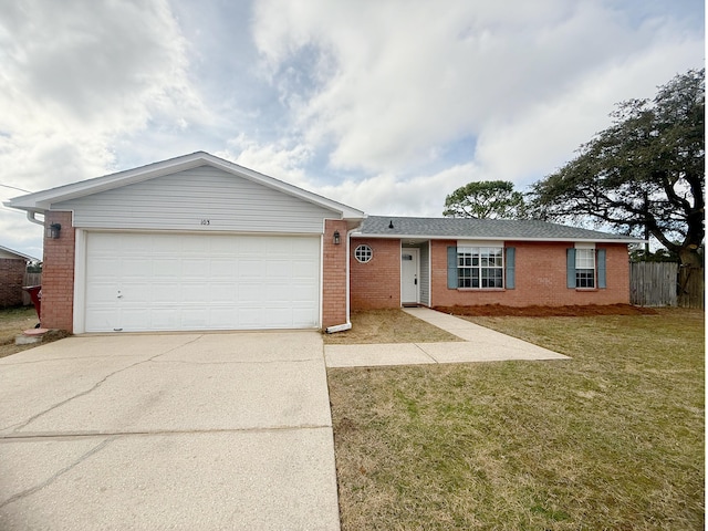 single story home featuring a garage and a front lawn