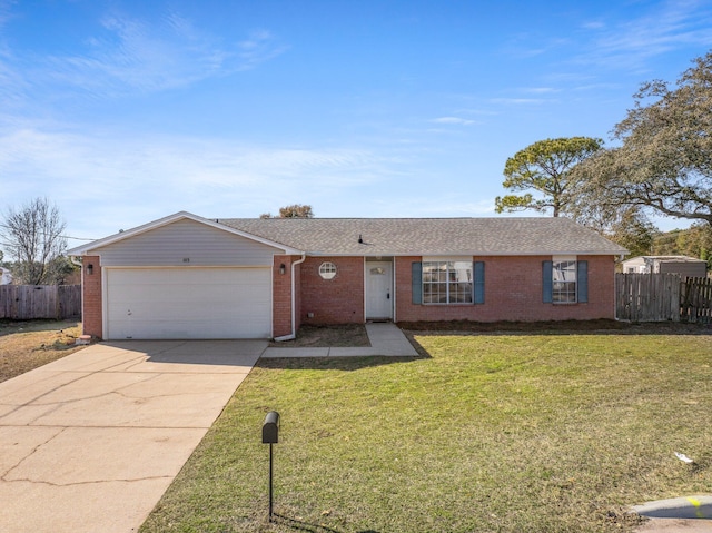 ranch-style house with a garage and a front yard