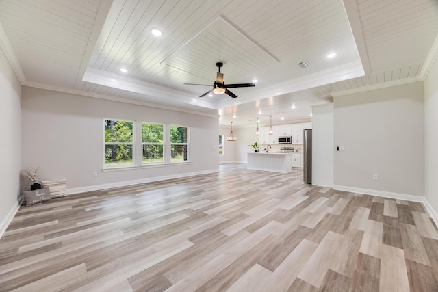 unfurnished living room featuring ornamental molding, ceiling fan, wood ceiling, a raised ceiling, and light hardwood / wood-style floors