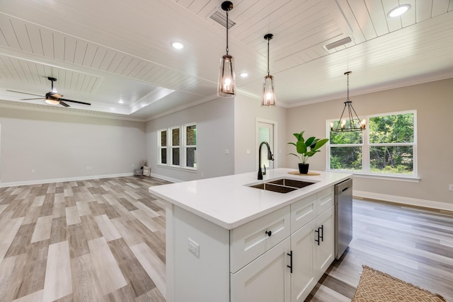 kitchen featuring sink, stainless steel dishwasher, an island with sink, pendant lighting, and white cabinets