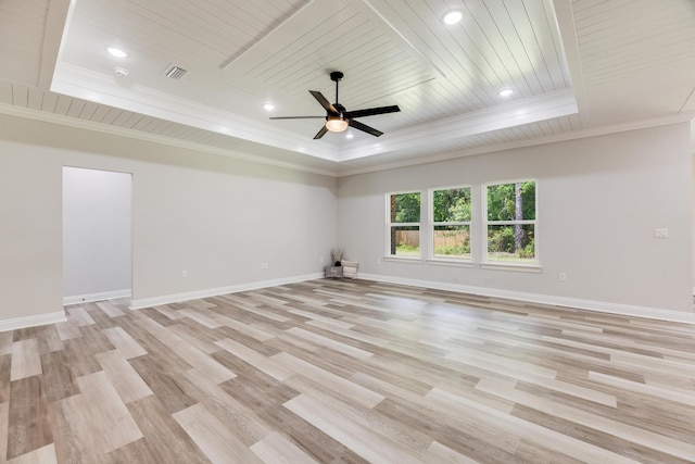 spare room with wood ceiling, ceiling fan, a tray ceiling, ornamental molding, and light wood-type flooring