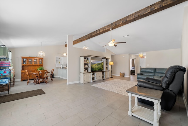 living room featuring vaulted ceiling with beams, ceiling fan with notable chandelier, and light tile patterned floors