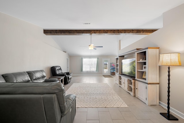 living room featuring light tile patterned flooring, ceiling fan, and lofted ceiling with beams