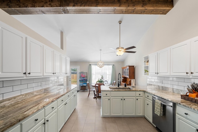 kitchen with beamed ceiling, white cabinetry, sink, decorative backsplash, and stainless steel dishwasher