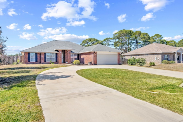 ranch-style house featuring a garage and a front yard