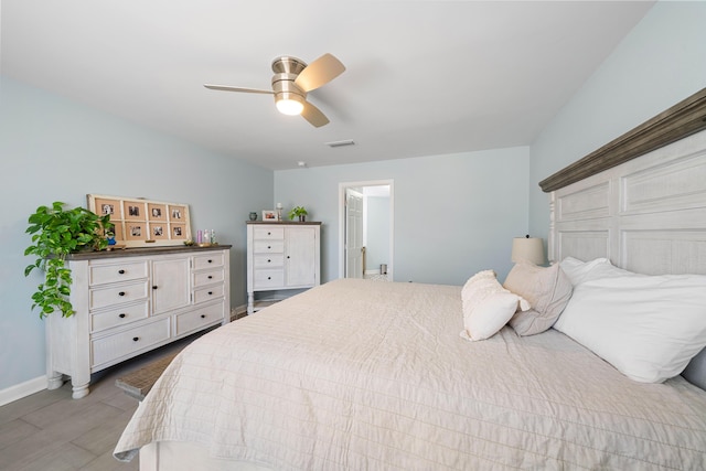 bedroom featuring light hardwood / wood-style flooring and ceiling fan