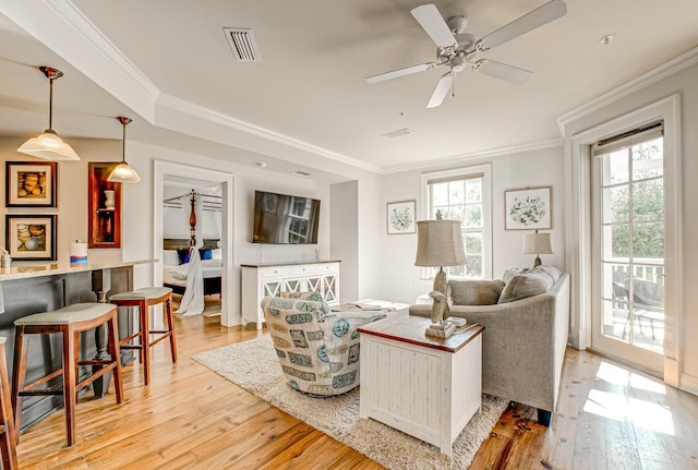 living room featuring ornamental molding, plenty of natural light, and light hardwood / wood-style floors