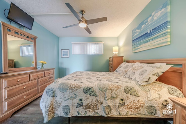 bedroom with dark wood-type flooring, ceiling fan, and a textured ceiling