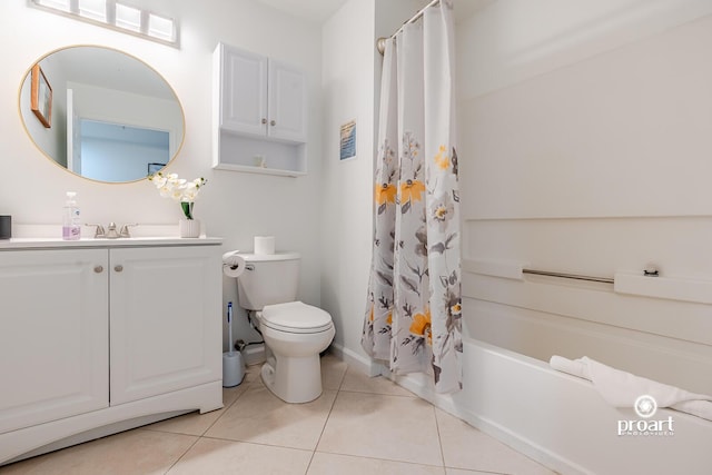 full bathroom with tile patterned flooring, vanity, toilet, and shower / tub combo with curtain