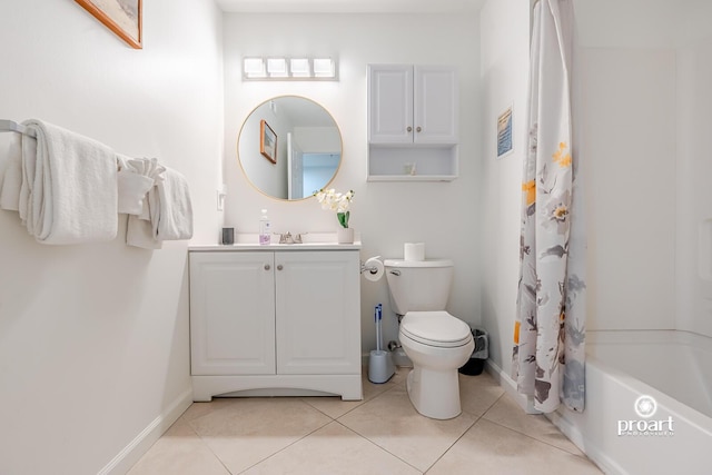 full bathroom with shower / tub combo, vanity, toilet, and tile patterned flooring