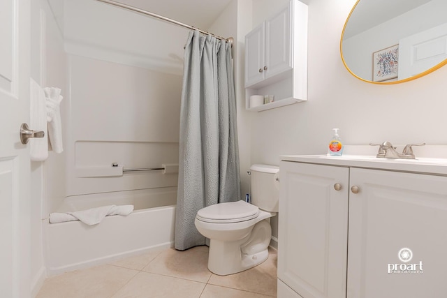 full bathroom featuring tile patterned flooring, vanity, shower / bathtub combination with curtain, and toilet