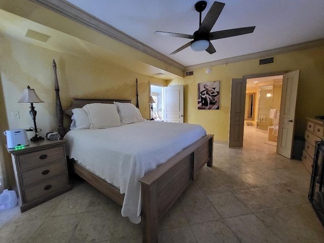 bedroom with ornamental molding, ceiling fan, and ensuite bath