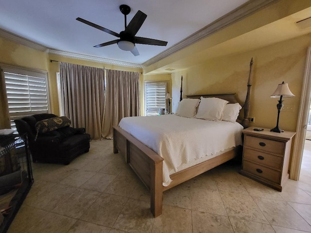 tiled bedroom featuring ceiling fan and ornamental molding