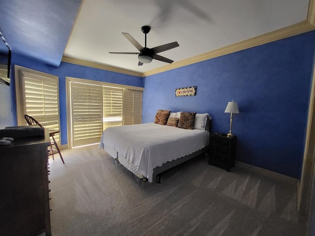 carpeted bedroom featuring crown molding and ceiling fan