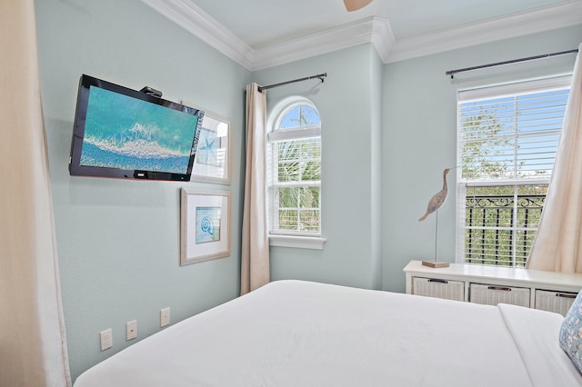 bedroom with multiple windows, ornamental molding, and ceiling fan