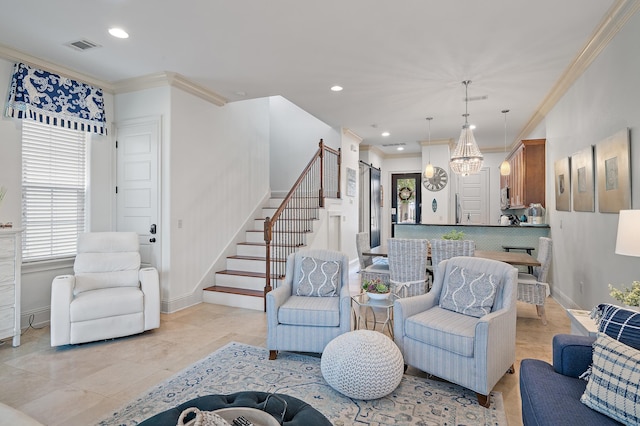 living room featuring ornamental molding, light tile patterned floors, and an inviting chandelier