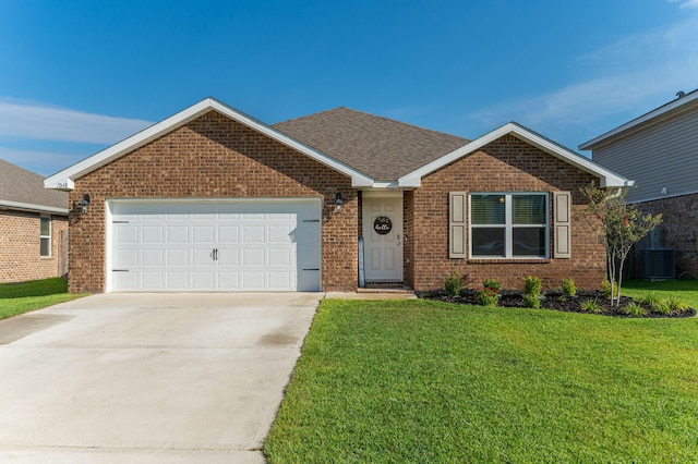 ranch-style house with central AC unit, a garage, and a front yard