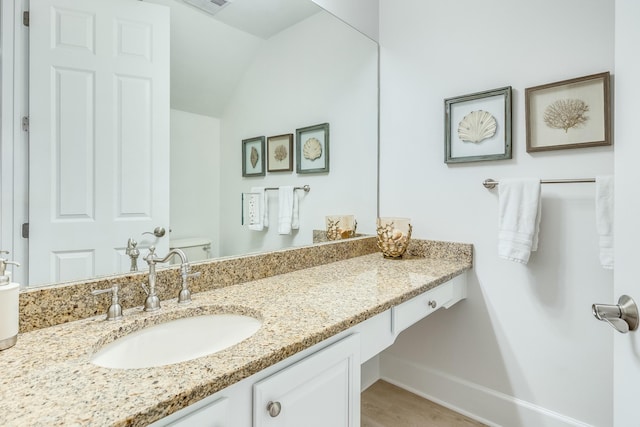 bathroom with vanity, hardwood / wood-style floors, and toilet